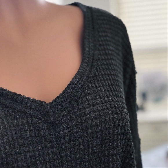 Charcoal Twist Tie Front Top Waffle Knit - Picture 5 of 9